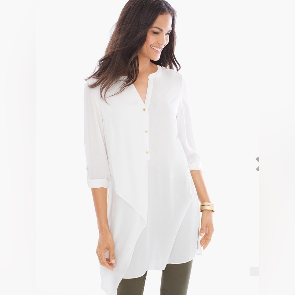 Chico's Size 1 Top White Modern Utility Tunic 1/2 Button Draped Longsleeve
